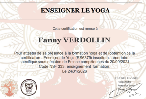 encadré du diplôme enseigner le yoga RS 6379 otenu en 2026