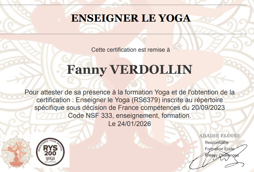 encadré du diplôme enseigner le yoga RS 6379 otenu en 2026